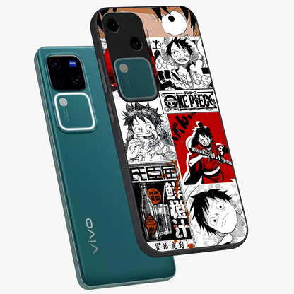 Strawhat Chaos Panels Glass Case displayed in angled mockup highlighting vibrant anime collage design with action aesthetic.