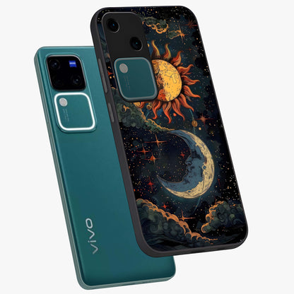 Sun And Moon Magic Design Glass Case displayed in angled mockup highlighting celestial design with magical cosmic aesthetic.