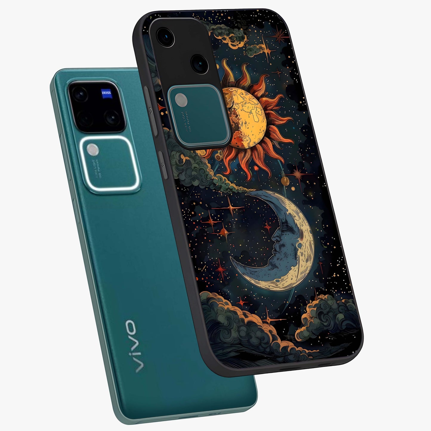 Sun And Moon Magic Design Glass Case displayed in angled mockup highlighting celestial design with magical cosmic aesthetic.