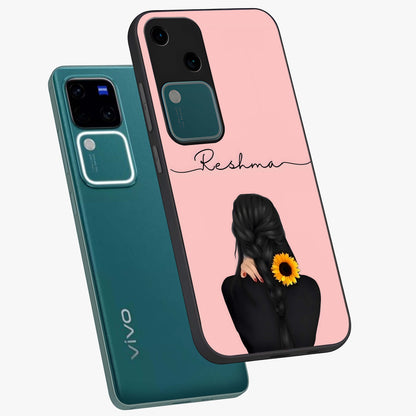 Sunflower Braid Beauty With Custom Name Glass Case displayed in angled mockup highlighting elegant sunflower design with custom name feature.