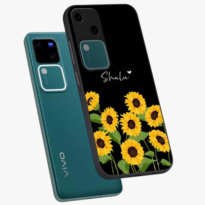 Sunflower Chic Mood Custom Name Glass Case displayed in angled mockup highlighting vibrant sunflower design with custom name feature.