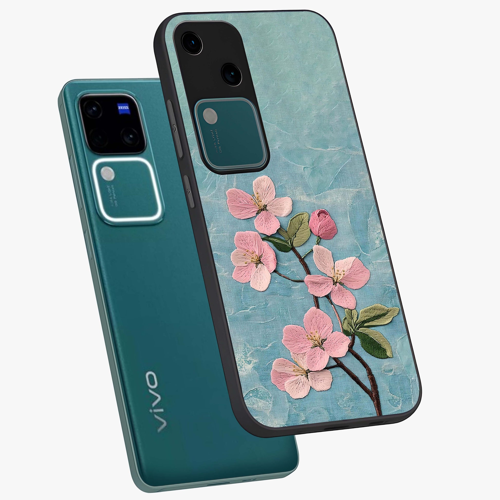Threaded Blossom Breeze Glass Case displayed in angled mockup highlighting elegant floral design with soft aesthetic style.