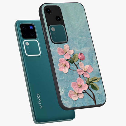 Threaded Blossom Breeze Glass Case displayed in angled mockup highlighting elegant floral design with soft aesthetic style.