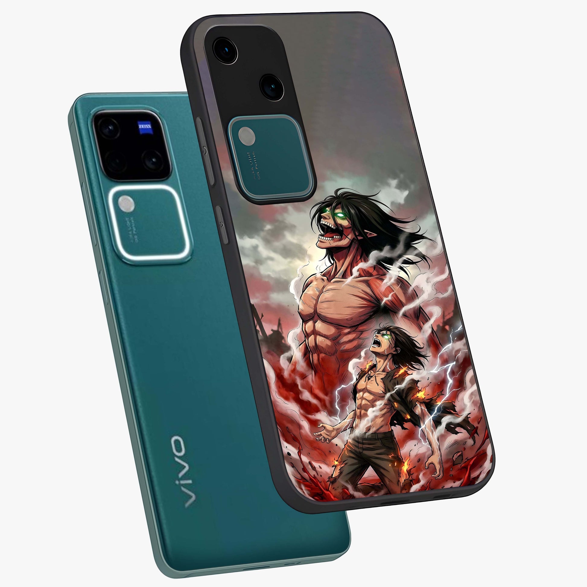 Titan Awakening Fury Glass Case displayed in angled mockup highlighting dramatic giant warrior design with bold anime aesthetic.