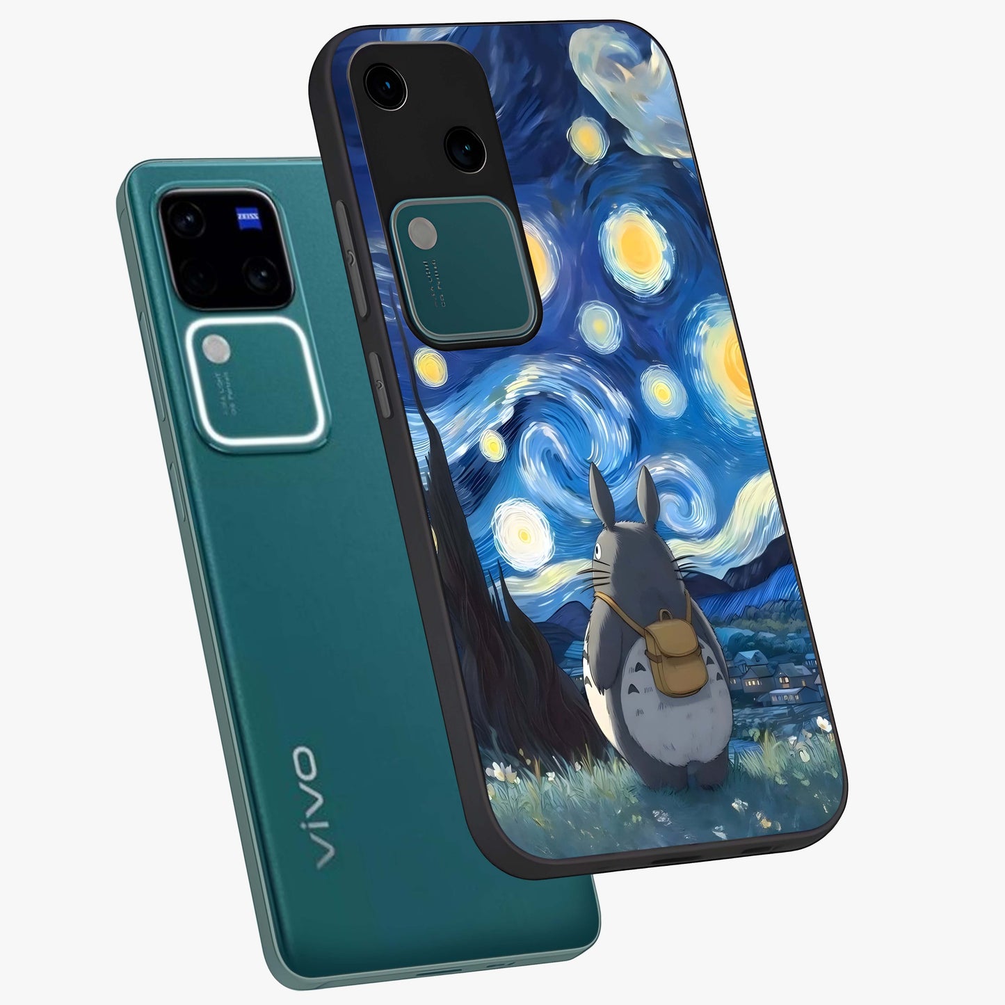 Totoro In Van Gogh Art Glass Case displayed in angled mockup highlighting artistic swirling sky design with playful animation aesthetic.