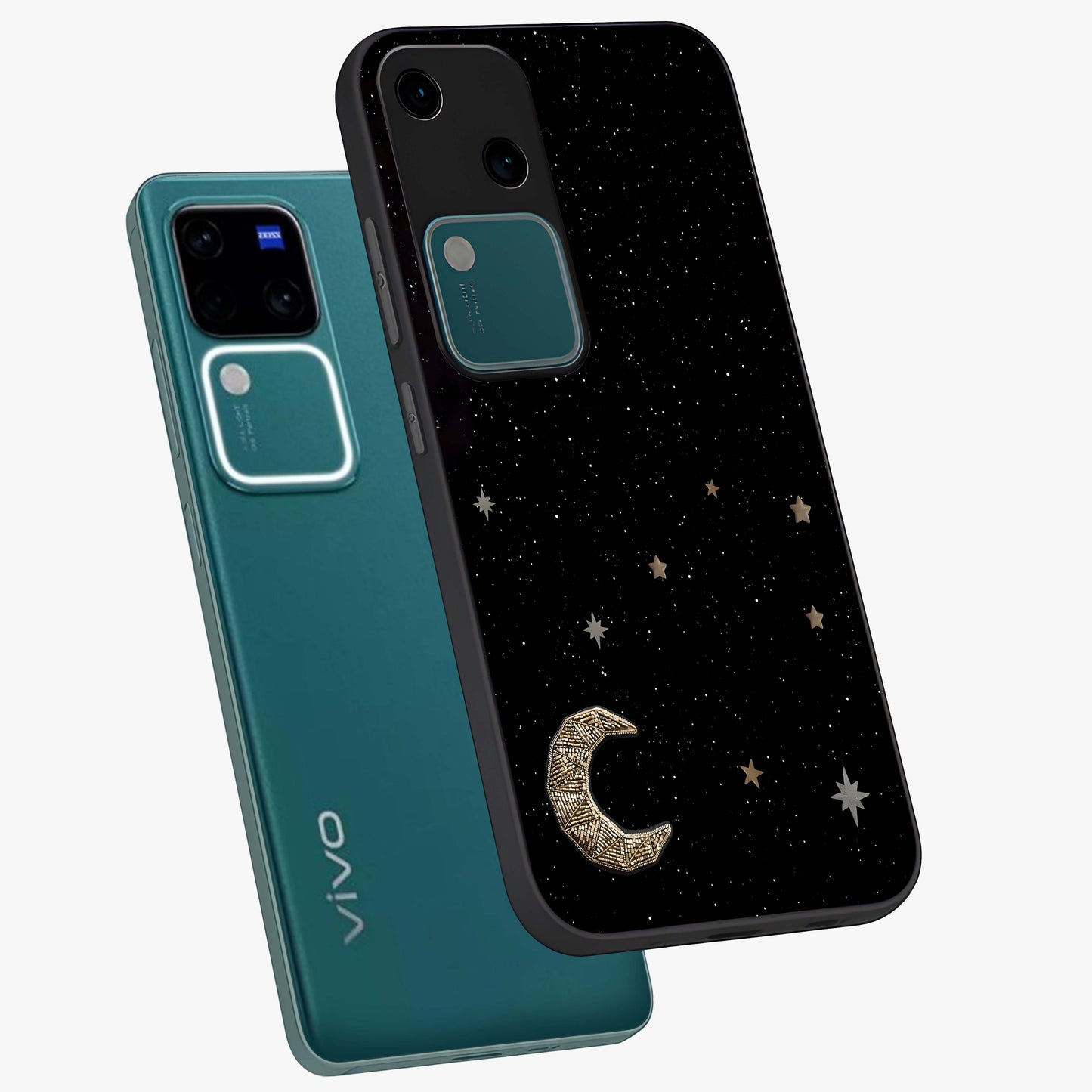 Twinkle Star With Half Moon Glass Case displayed in angled mockup highlighting celestial moon and star design with magical aesthetic.