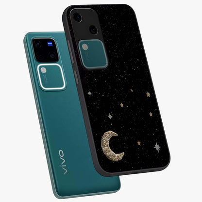 Twinkle Star With Half Moon Glass Case displayed in angled mockup highlighting celestial moon and star design with magical aesthetic.
