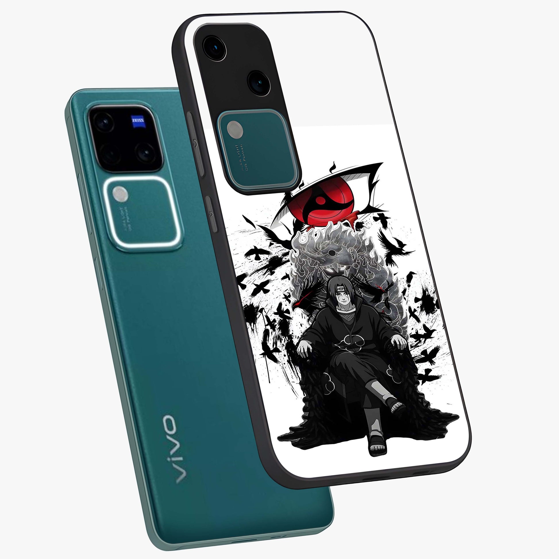 Uchiha Shadow Throne Glass Case displayed in angled mockup highlighting glowing aquatic design with celestial aesthetic.