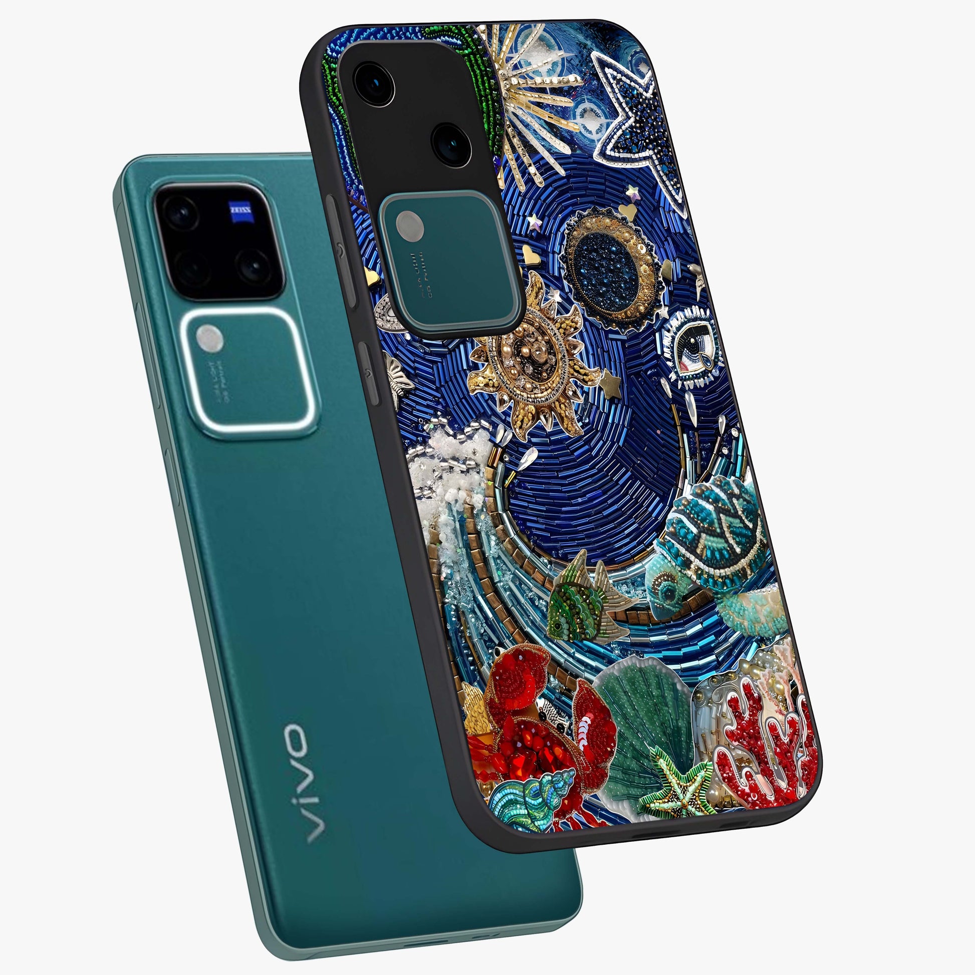 Universe Underwater Spark Glass Case displayed in angled mockup highlighting glowing aquatic design with celestial aesthetic.