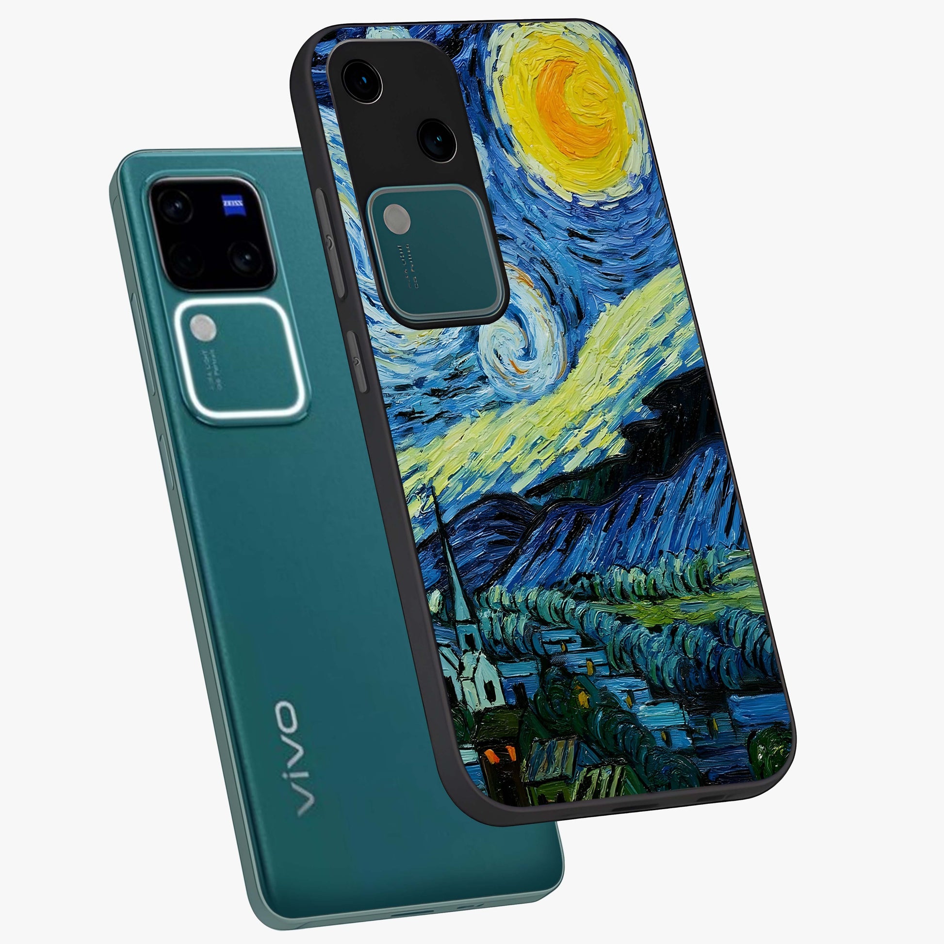 Van Gogh Art Glass Case displayed in angled mockup highlighting swirling brushstroke design with artistic aesthetic.