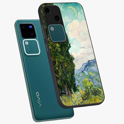 Van Gogh Vintage Art Glass Case displayed in angled mockup highlighting textured brushstroke design with classic aesthetic.