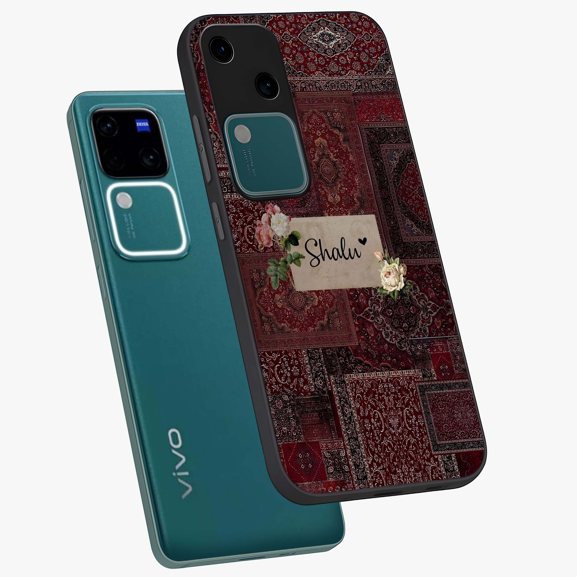 Velvet Wine Pattern Custom Name Glass Case displayed in angled mockup highlighting decorative velvet inspired design with custom name feature.