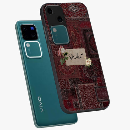 Velvet Wine Pattern Custom Name Glass Case displayed in angled mockup highlighting decorative velvet inspired design with custom name feature.