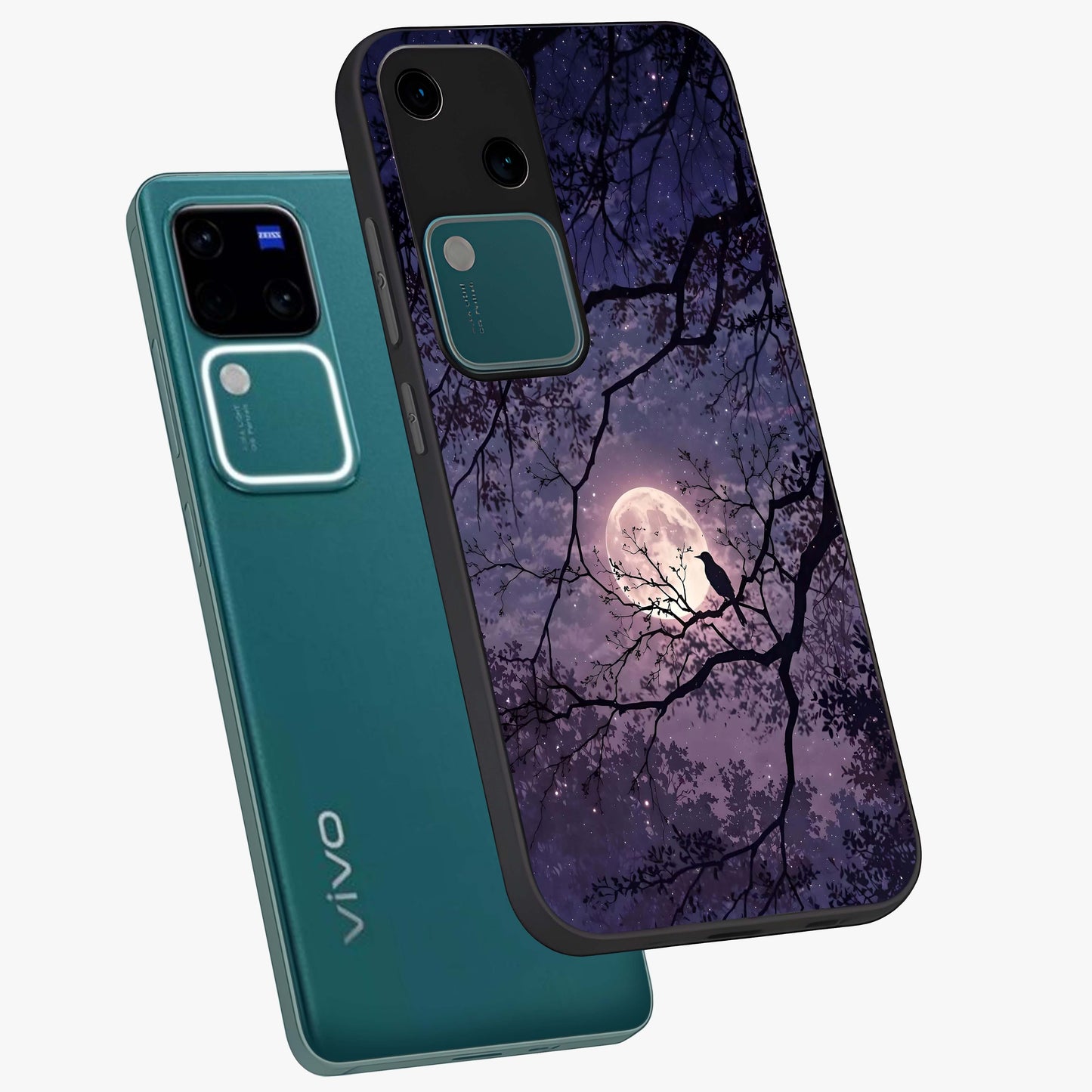 Whispering Moon Silence Glass Case displayed in angled mockup highlighting calm lunar design with dreamy night aesthetic.