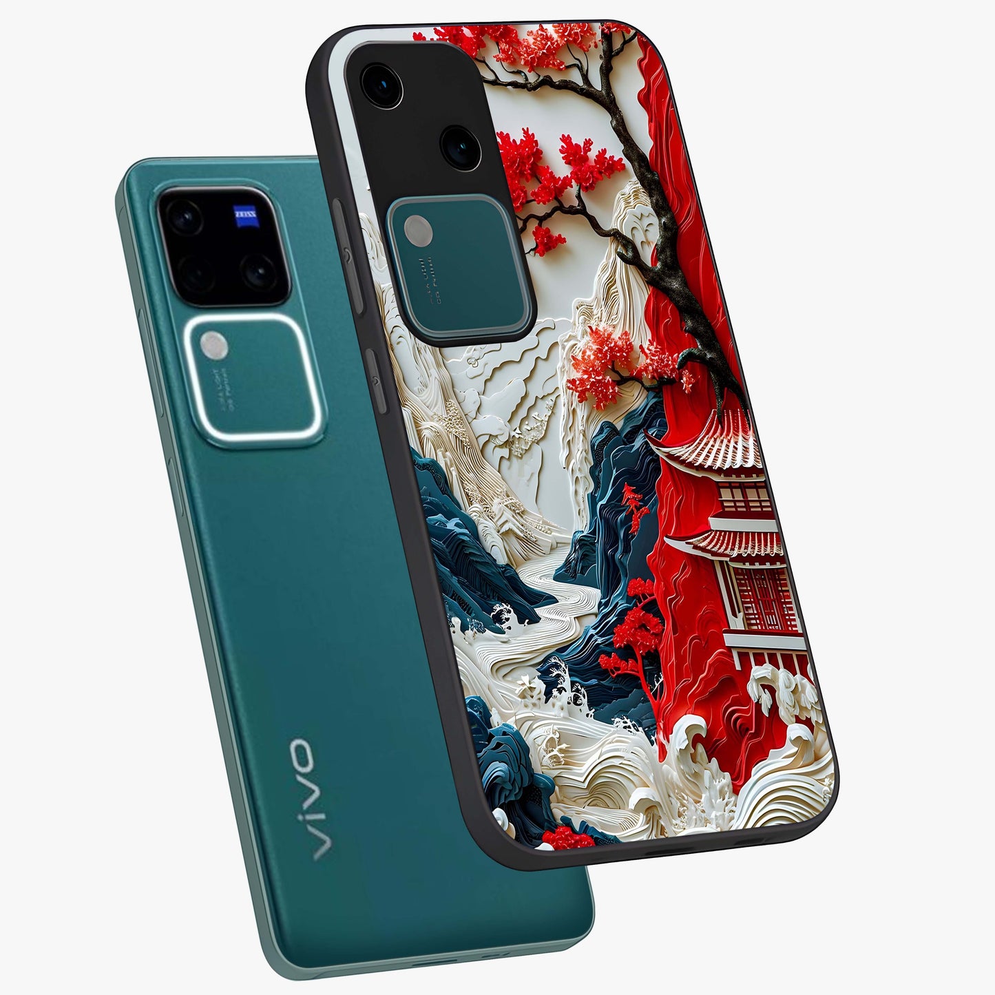 Whispers Of Sakura Waves Glass Case displayed in angled mockup highlighting flowing sakura design with soft floral aesthetic.