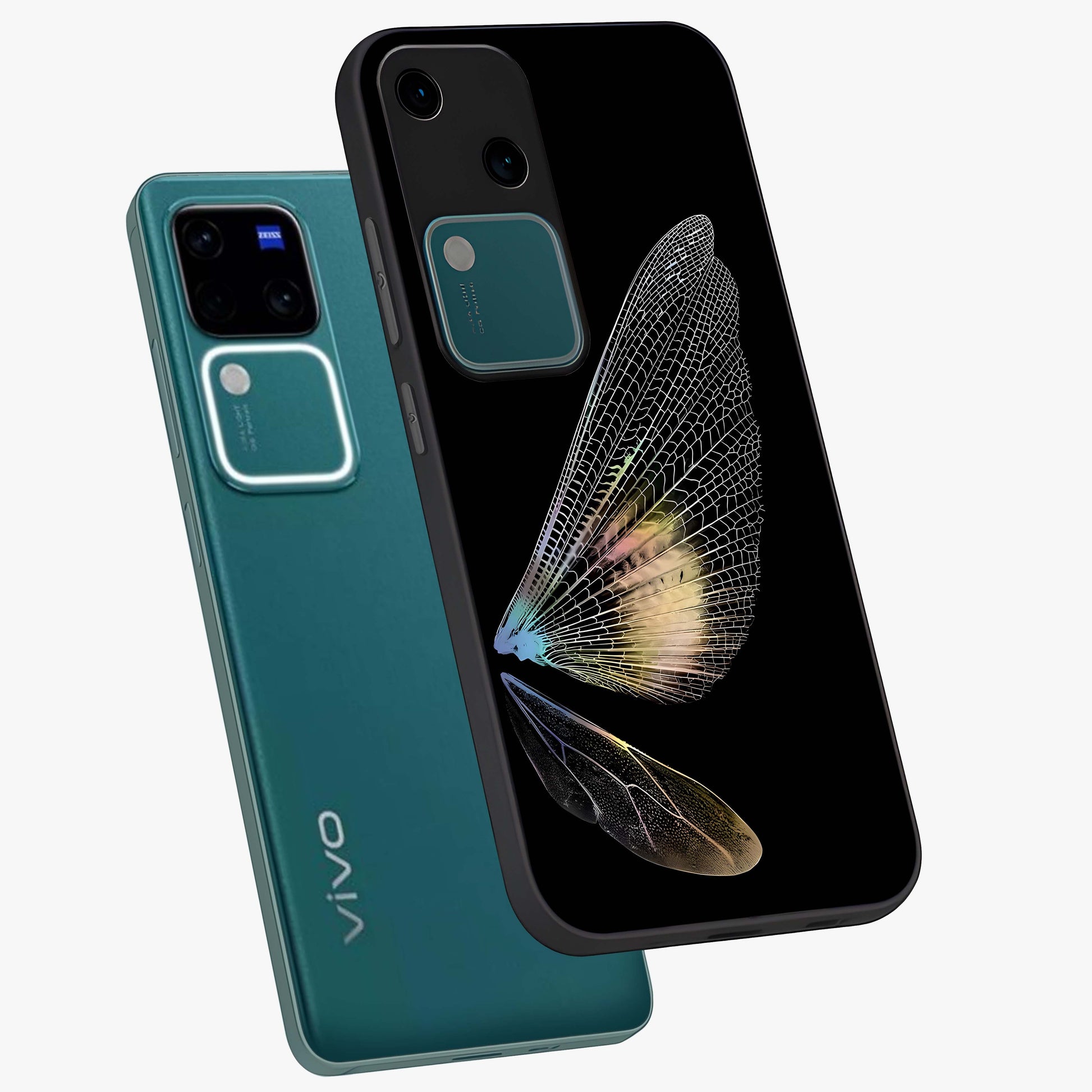 Whispers Of Wings Glass Case displayed in angled mockup highlighting soft feather design with celestial aesthetic style.