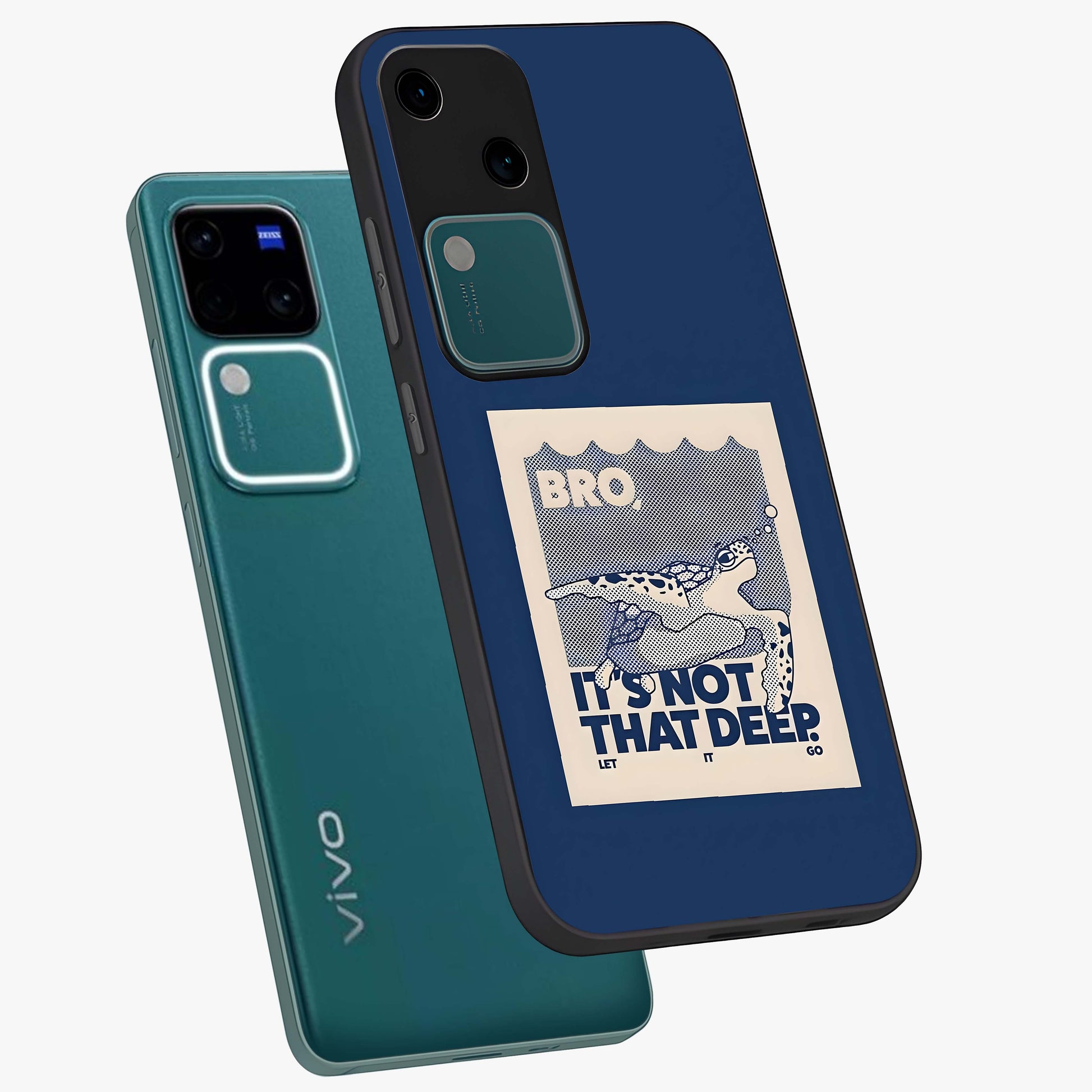 Worry Less Swim Glass Case displayed in angled mockup highlighting fun typography design with relaxed aesthetic style.
