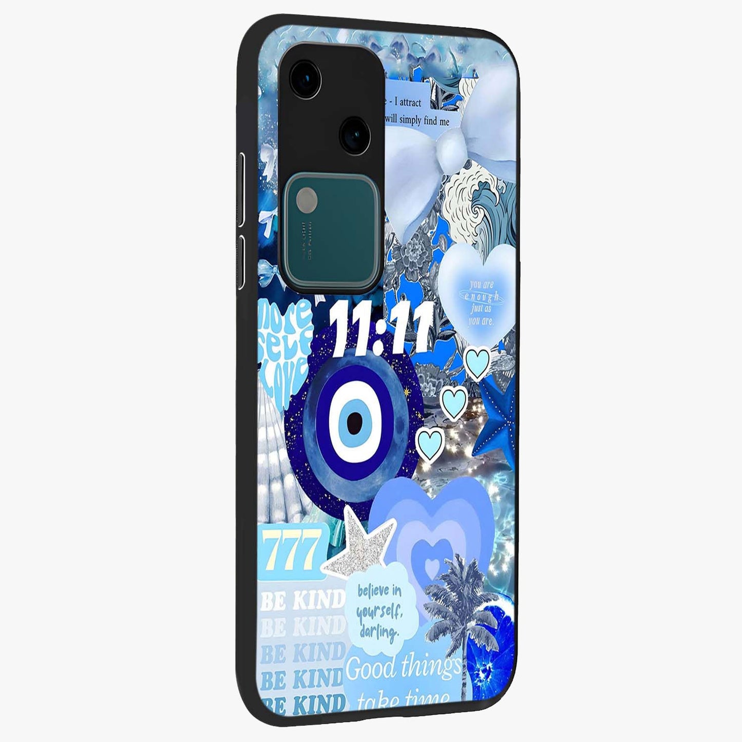 Aesthetic Be Kind Eye Glass Case upright view showcasing stylish eye illustration with positive message theme.