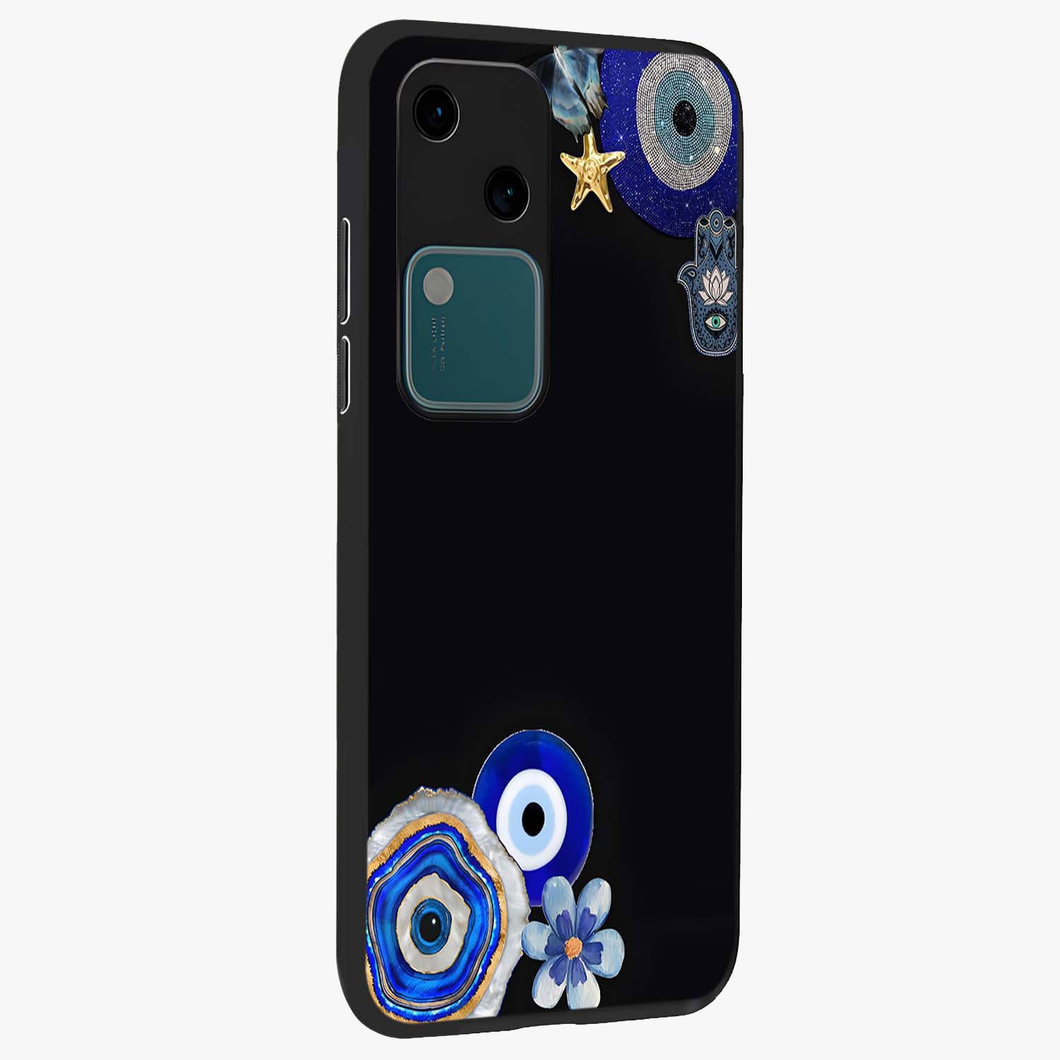 Aesthetic Blue Evil Eye Glass Case upright view showcasing mystical evil eye graphic with minimal aesthetic style.