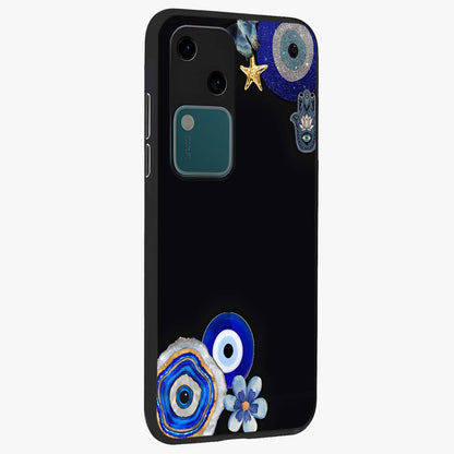 Aesthetic Blue Evil Eye Glass Case upright view showcasing mystical evil eye graphic with minimal aesthetic style.