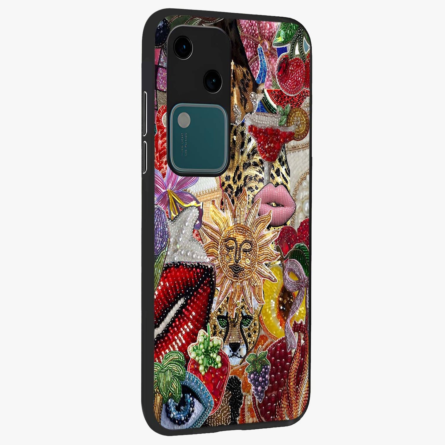 Beaded Fashion Jungle Glass Case upright view showcasing tropical jungle aesthetic with decorative bead elements.