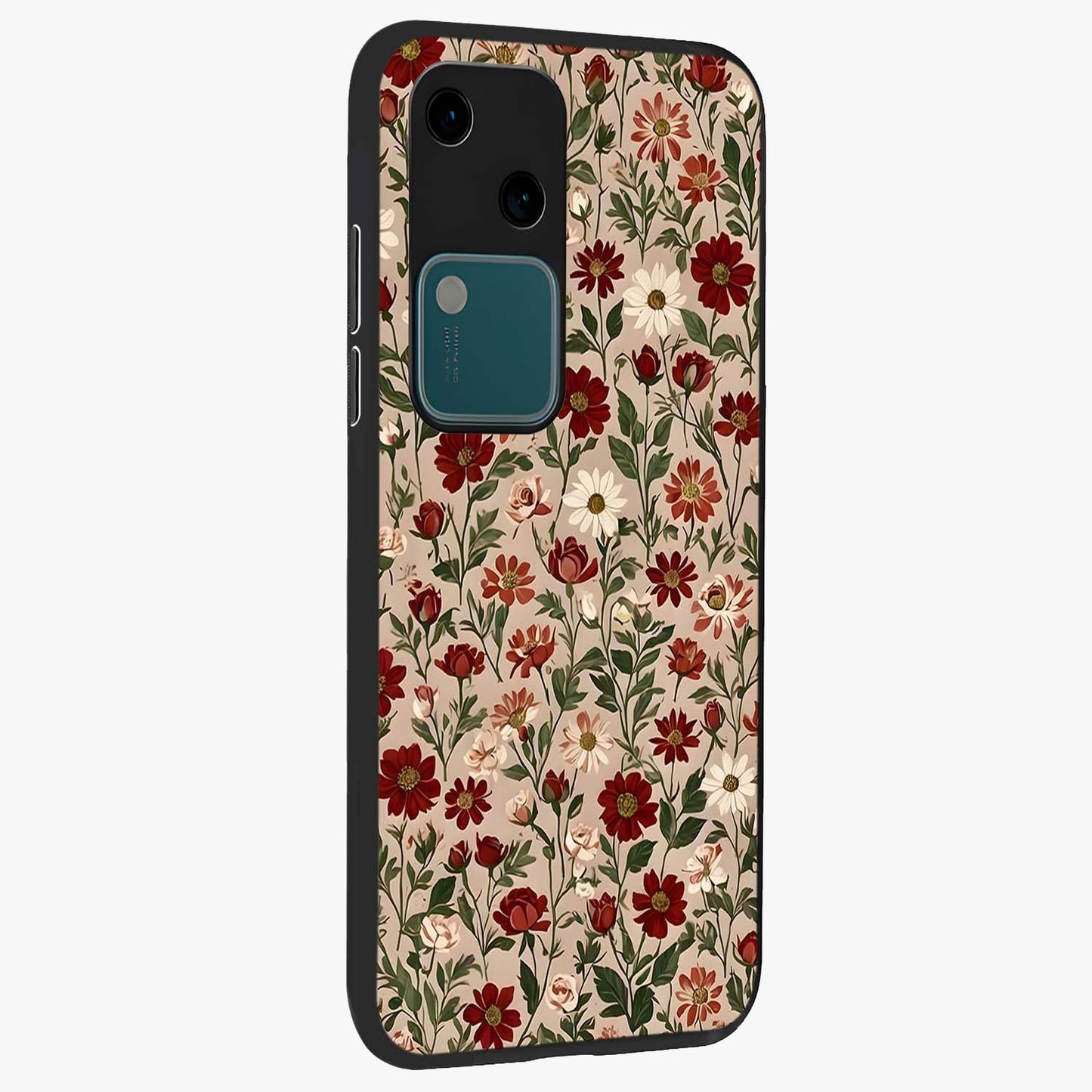 Biege Flower With Leaf Glass Case upright view showcasing delicate beige flower illustration with clean botanical style.