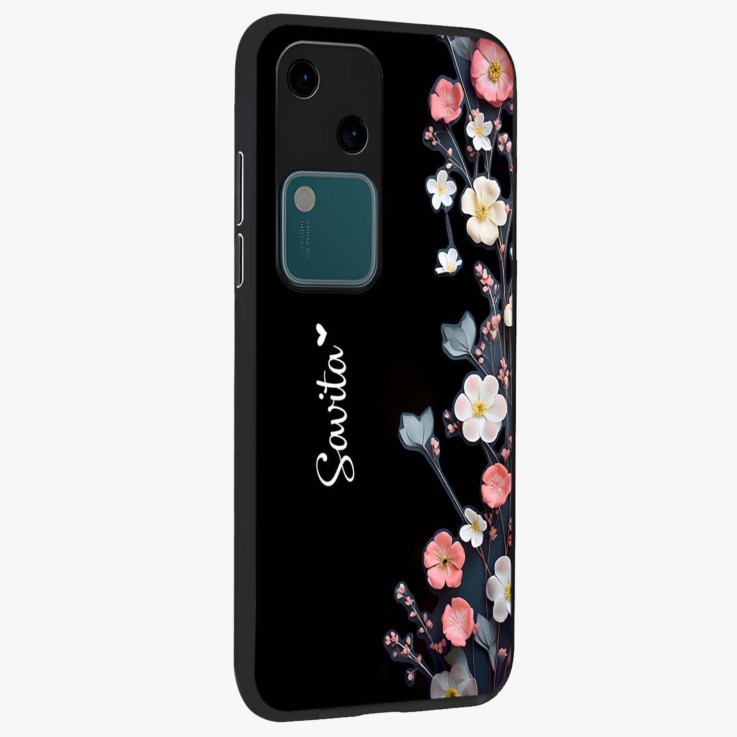 Black Elegance Floral Custom Name Glass Case upright view showcasing luxurious black floral design with personalized name detail.