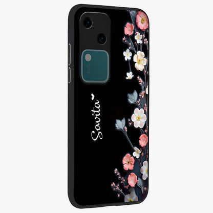 Black Elegance Floral Custom Name Glass Case upright view showcasing luxurious black floral design with personalized name detail.