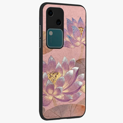 Blossom Mist Lotus Glass Case upright view showcasing graceful lotus flower design with peaceful botanical style.