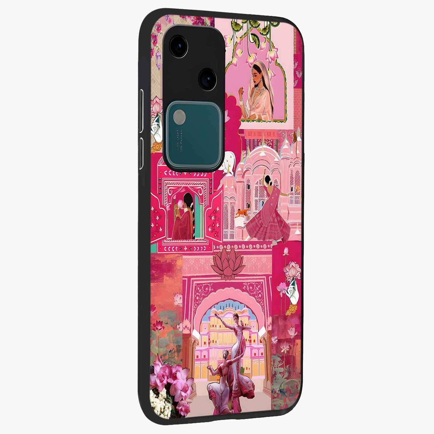 Blossoms of Rajasthan Glass Case upright view showcasing colorful floral design inspired by traditional Indian art.