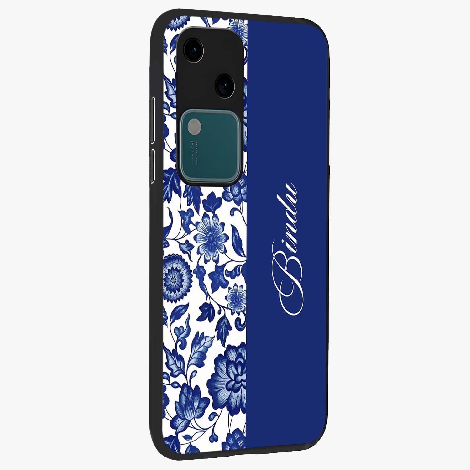 Blue Vintage Floral Pattern Glass Case upright view showcasing delicate blush floral texture with modern minimal style.