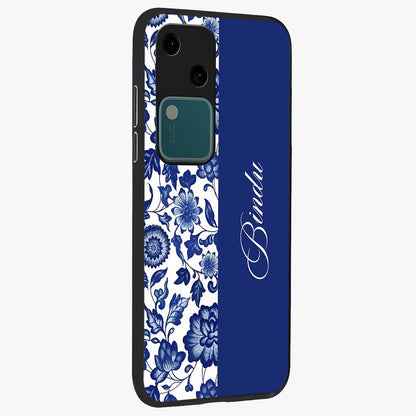 Blue Vintage Floral Pattern Glass Case upright view showcasing delicate blush floral texture with modern minimal style.