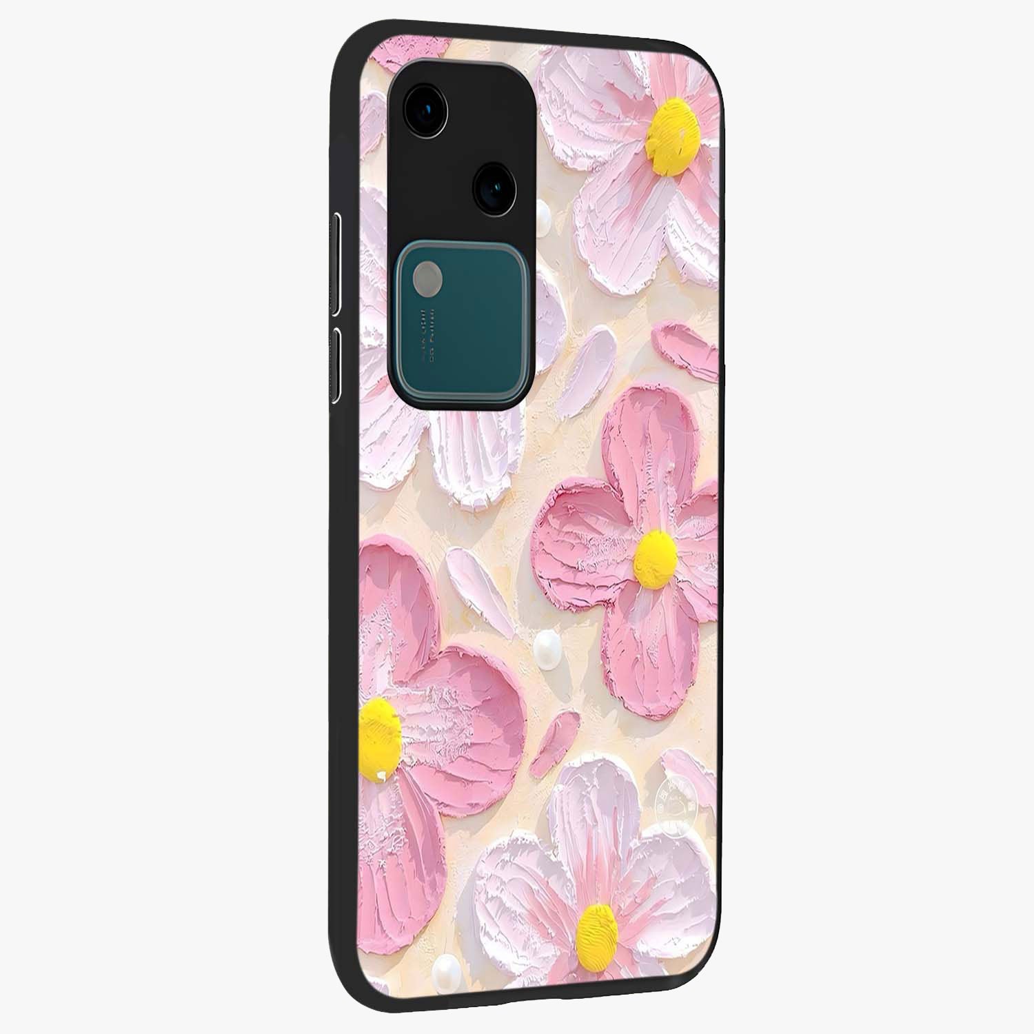 Blush Bloom Texture Glass Case upright view showcasing delicate blush floral texture with modern minimal style.