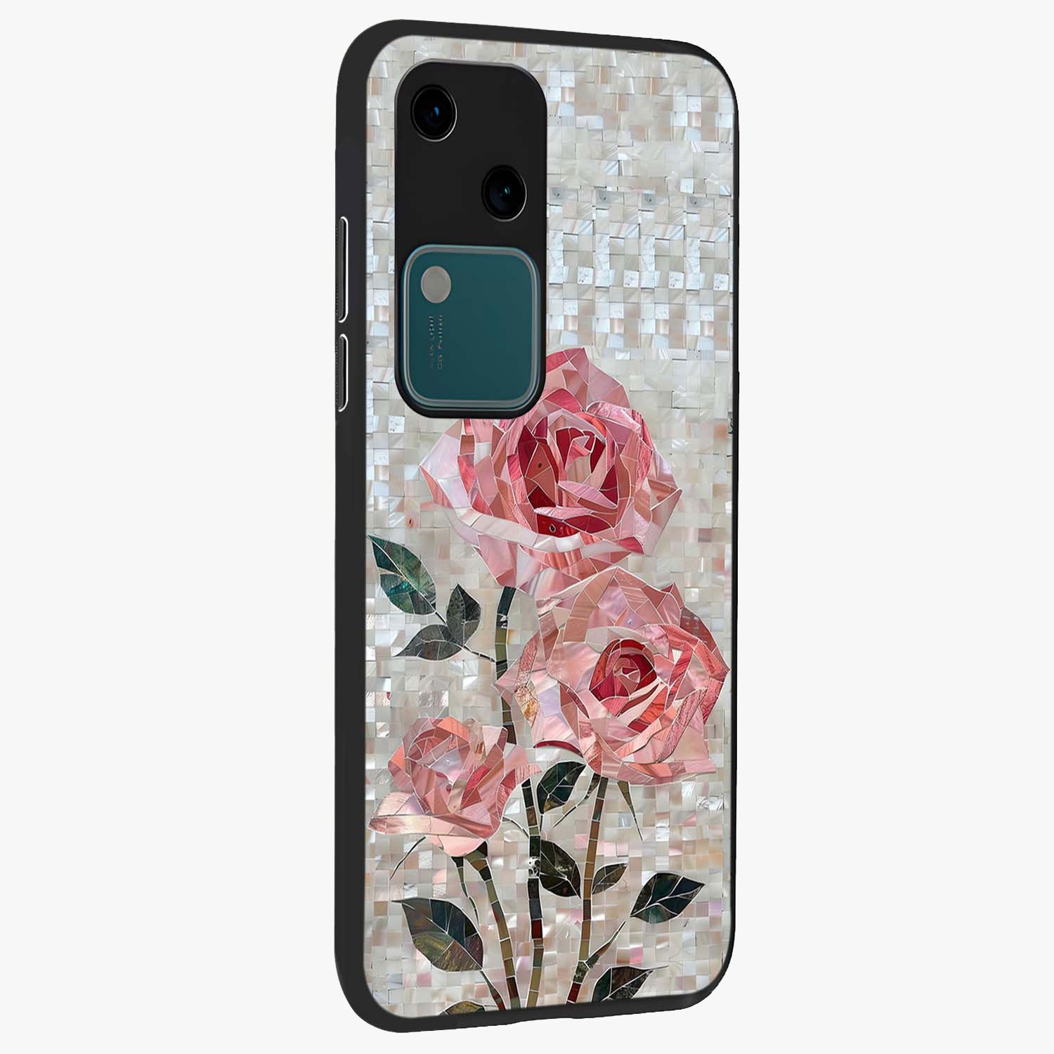 Blush Mosaic Bloom Glass Case upright view showcasing decorative floral mosaic artwork with stylish modern aesthetic.