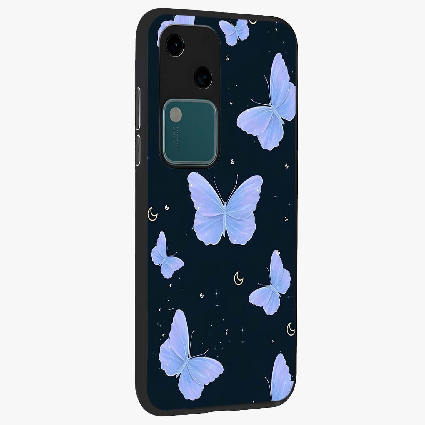 Butterfly With Stars Pattern Glass Case upright view showcasing celestial butterfly artwork with sparkling star elements.
