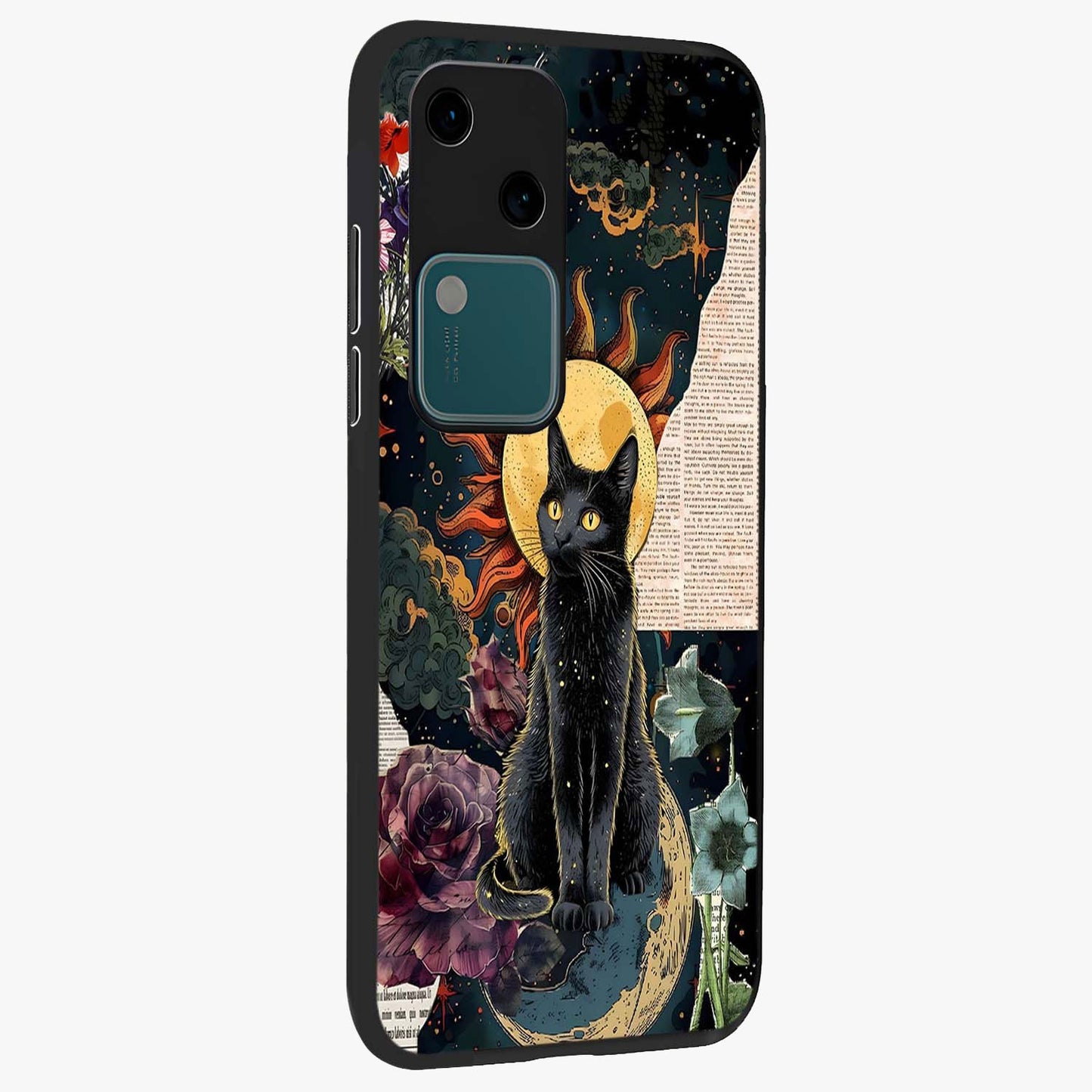 Celestial Black Cat Glass Case upright view showcasing magical black cat illustration with starry cosmic theme.