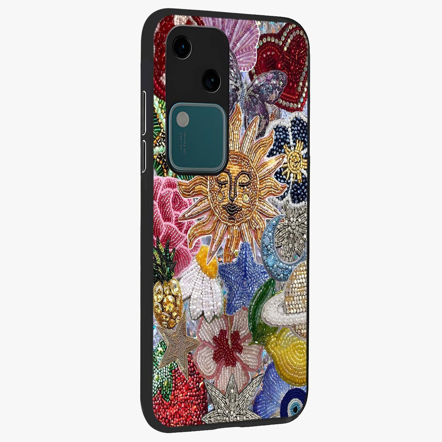 Celestial Floral and Playful Glass Case upright view showcasing whimsical floral artwork with cosmic aesthetic theme.