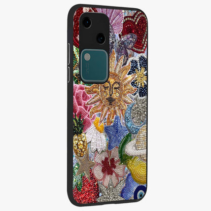Celestial Floral and Playful Glass Case upright view showcasing whimsical floral artwork with cosmic aesthetic theme.