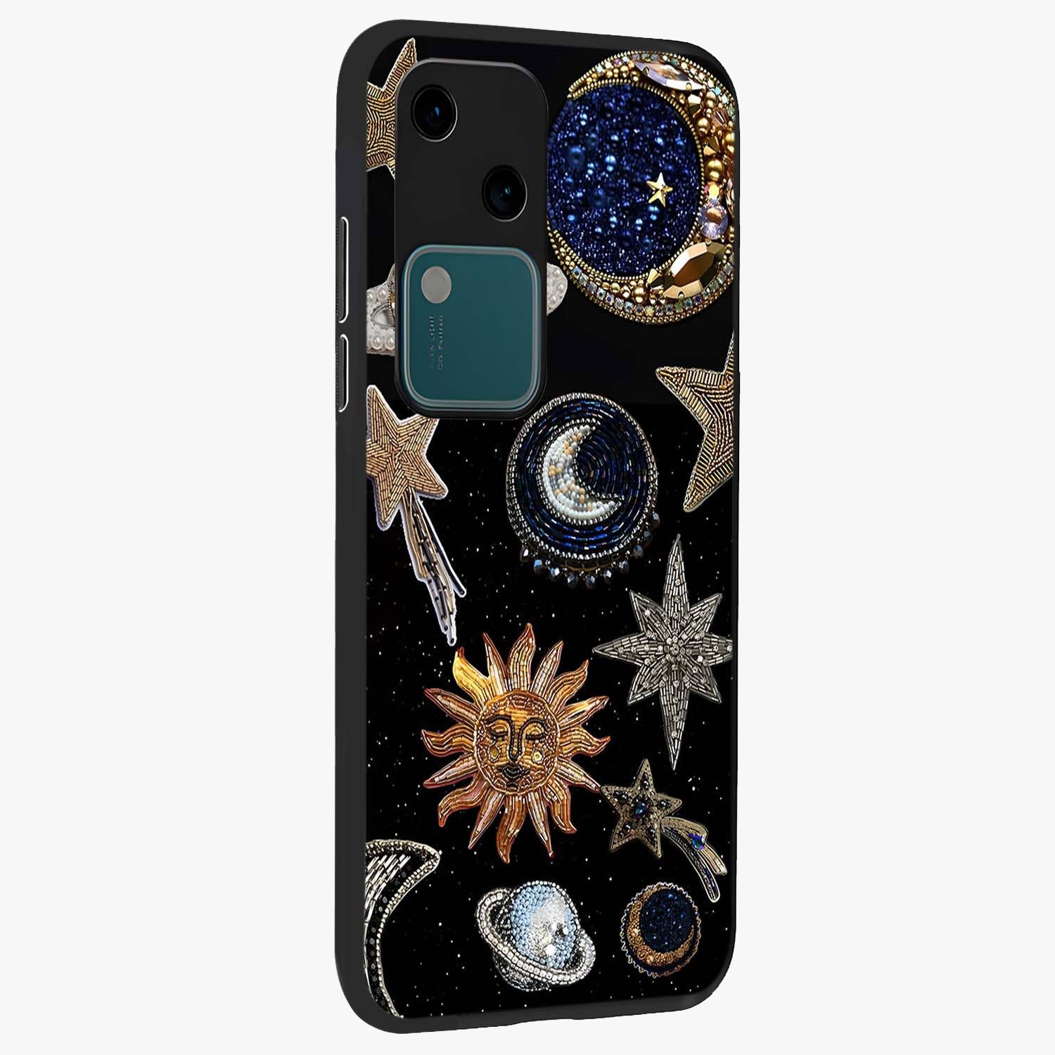 Celestial Gem Constellations Glass Case upright view showcasing cosmic constellation artwork with celestial aesthetic style.