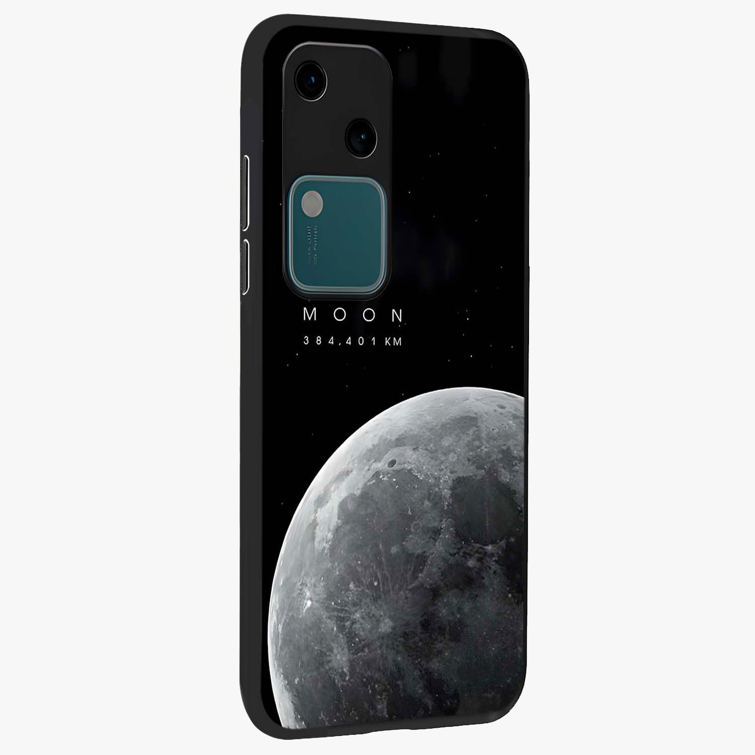 Cosmic Moon Glow Glass Case upright view showcasing luminous moon illustration with dreamy cosmic style.
