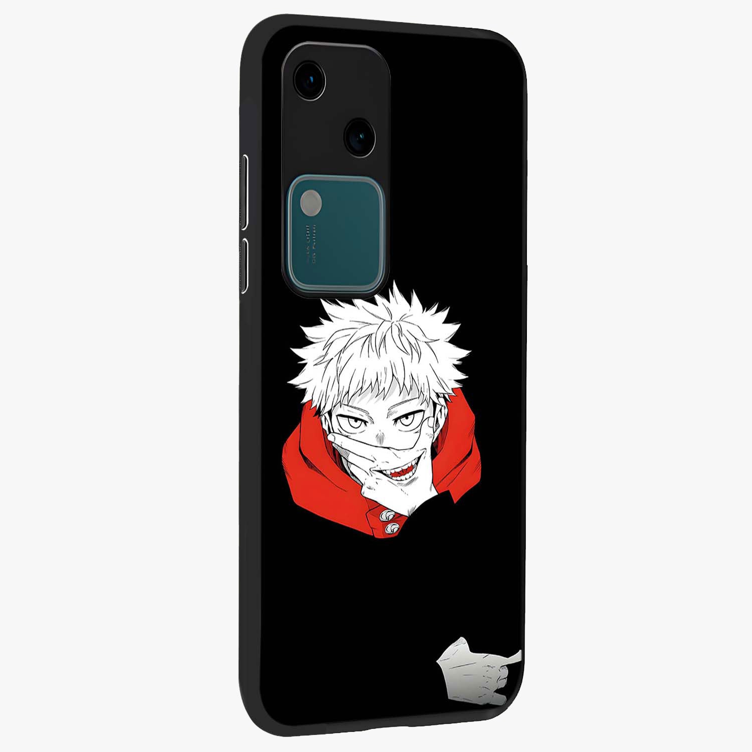 Crimson Chaos Smile Glass Case upright view showcasing expressive chaotic artwork with striking visual theme.