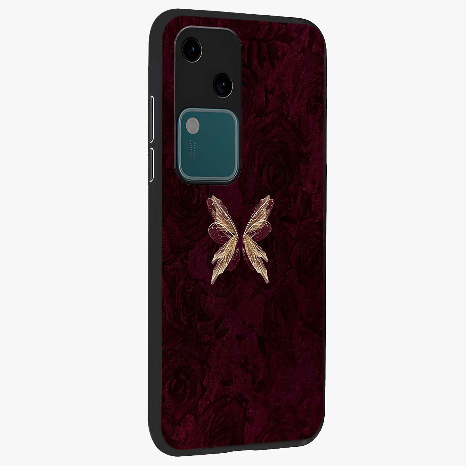 Crimson Fade Butterfly Glass Case upright view showcasing graceful butterfly artwork with soft crimson fade effect.