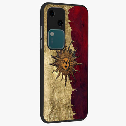 Crimson Sun Majesty Glass Case upright view showcasing vibrant sun artwork with powerful celestial theme.