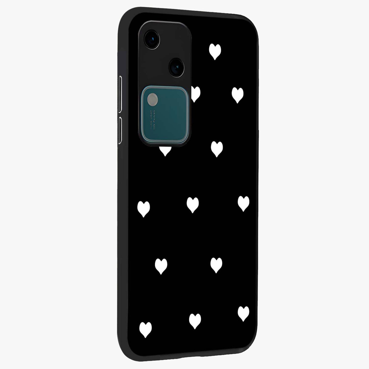 Cute And Simple White Hearts Glass Case upright view showcasing simple white hearts artwork with soft minimal theme.