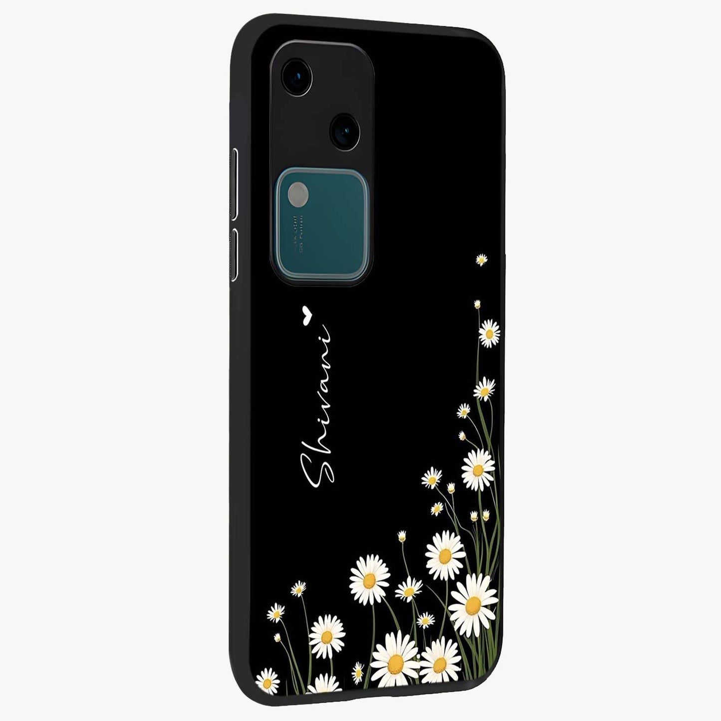 Daisy Cascade Custom Name Glass Case upright view showcasing elegant floral cascade design with personalized aesthetic.