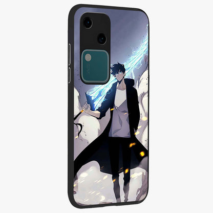 Dark Lightning Anime Warrior Glass Case upright view showcasing dramatic warrior artwork with dark lightning aesthetic.