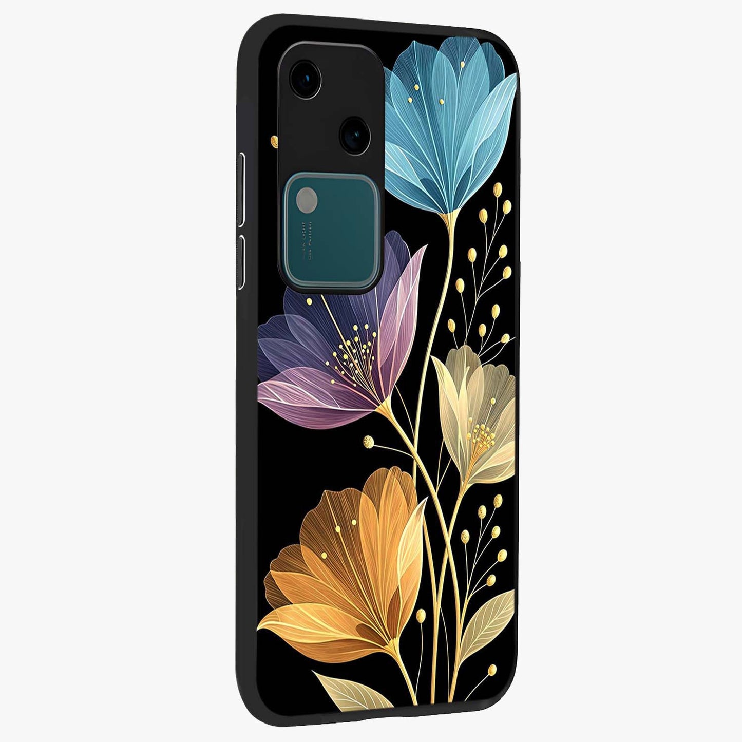 Delicate Multicolor Flowers Glass Case upright view showcasing delicate floral artwork with bright botanical theme.