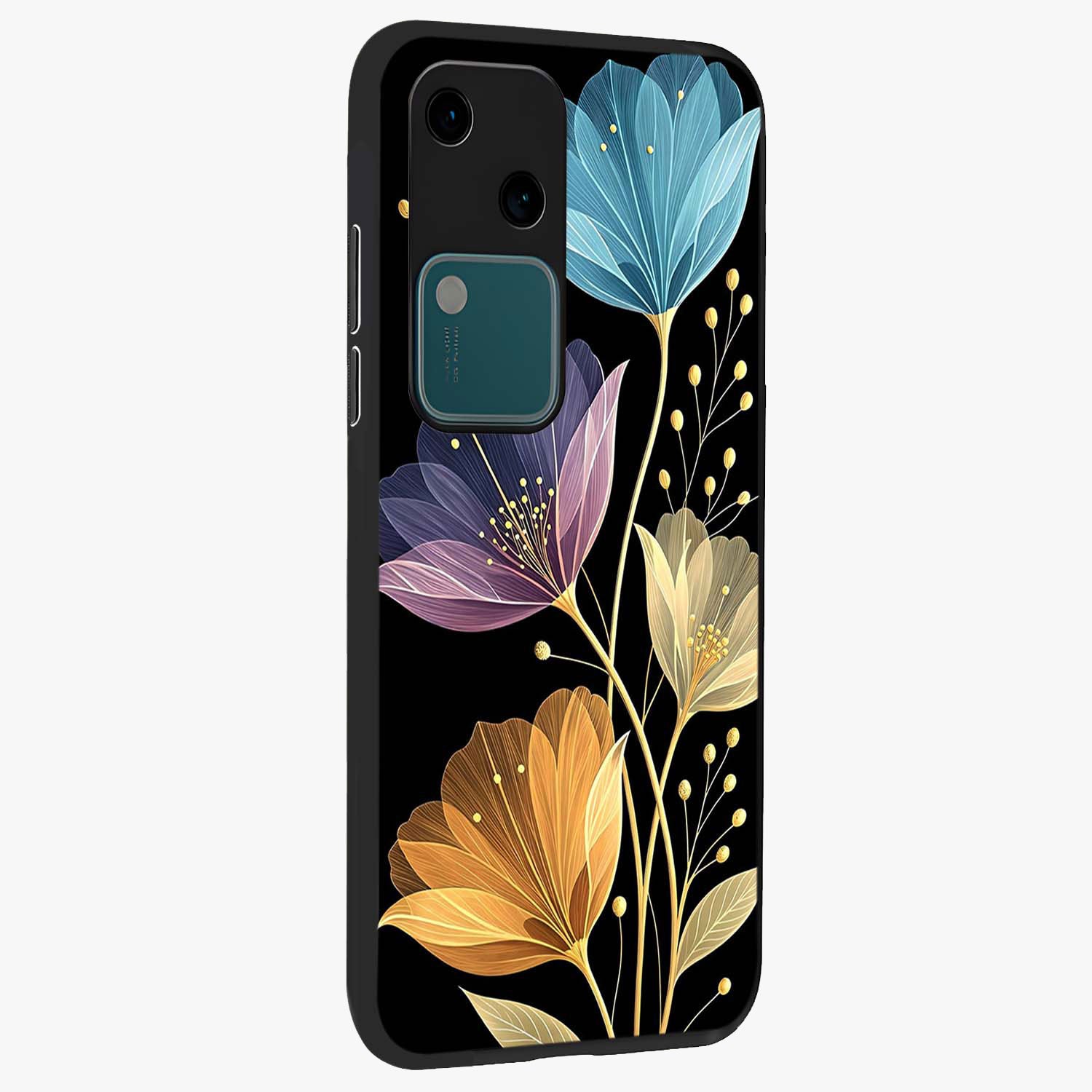 Delicate Multicolor Flowers Glass Case upright view showcasing delicate floral artwork with bright botanical theme.