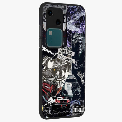 Die Young Glass Case upright view showcasing striking typography artwork with modern statement theme.