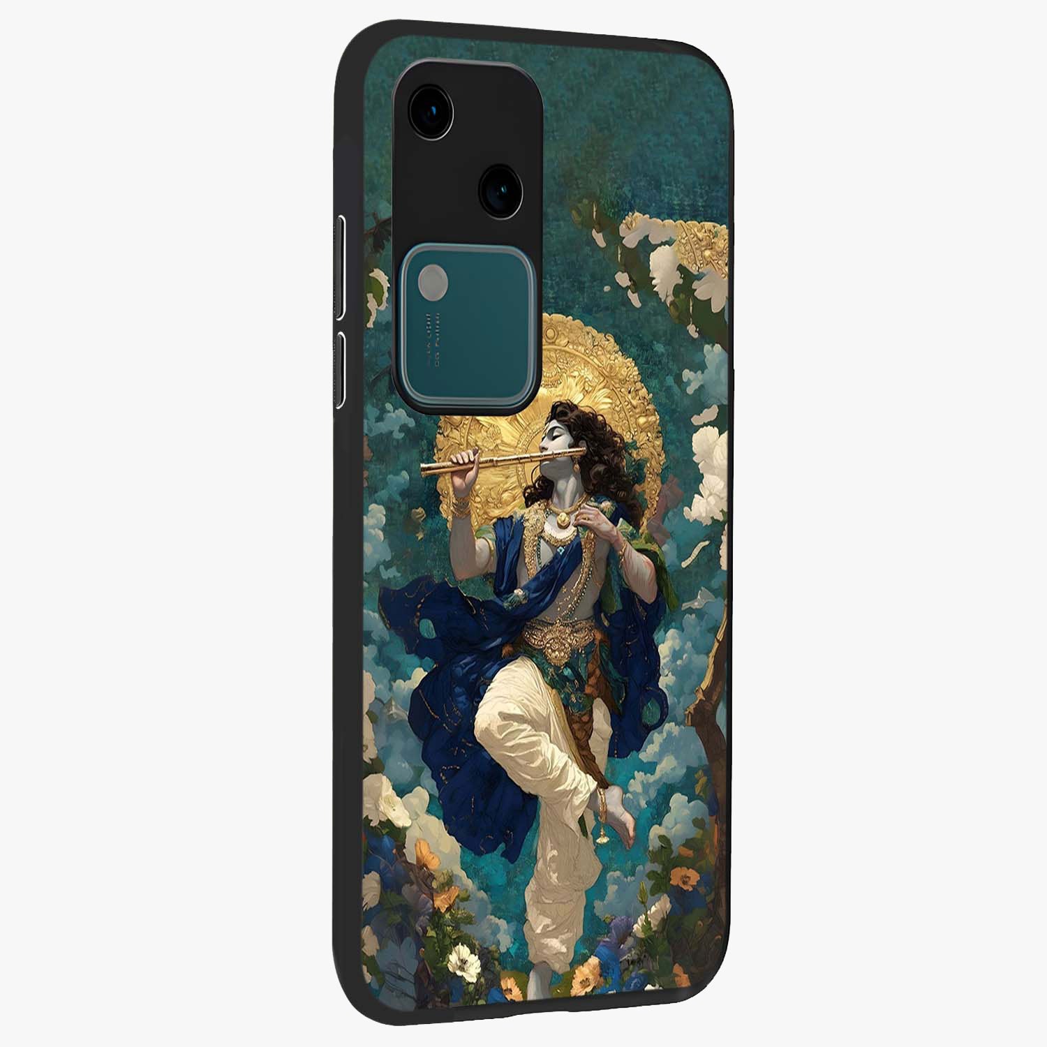 Divine Krishna Art Glass Case upright view showcasing divine Krishna artwork with sacred artistic theme.